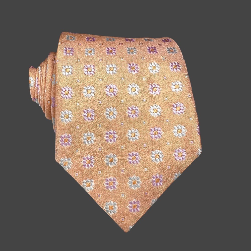 Canali Necktie Mens OS Peach Lavender White Floral Jacquard Silk Italy NWT *Read